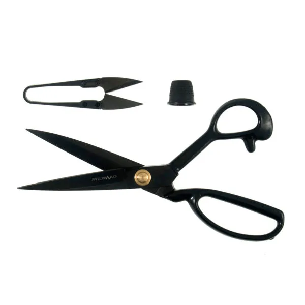 Scissors Gift Set by Milward: Tailors Shears (11"/28cm), Thread Snips (4"/10cm) and Thimble all in Black - on SALE!