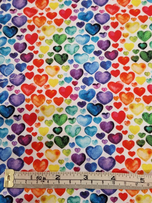 Valentines 100% Cotton- 'Rainbow Hearts' sold per 1/2 mt